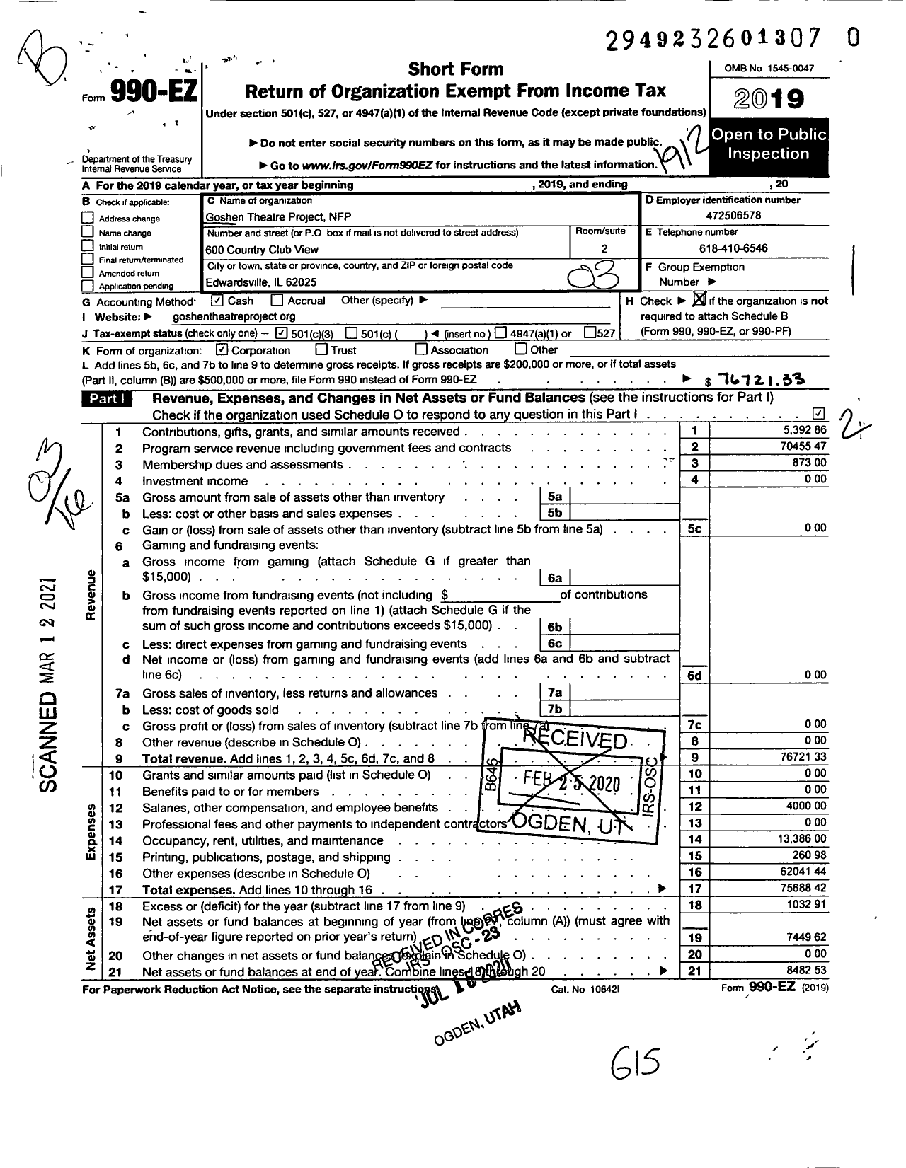 Image of first page of 2019 Form 990EZ for Goshen Theatre Project NFP