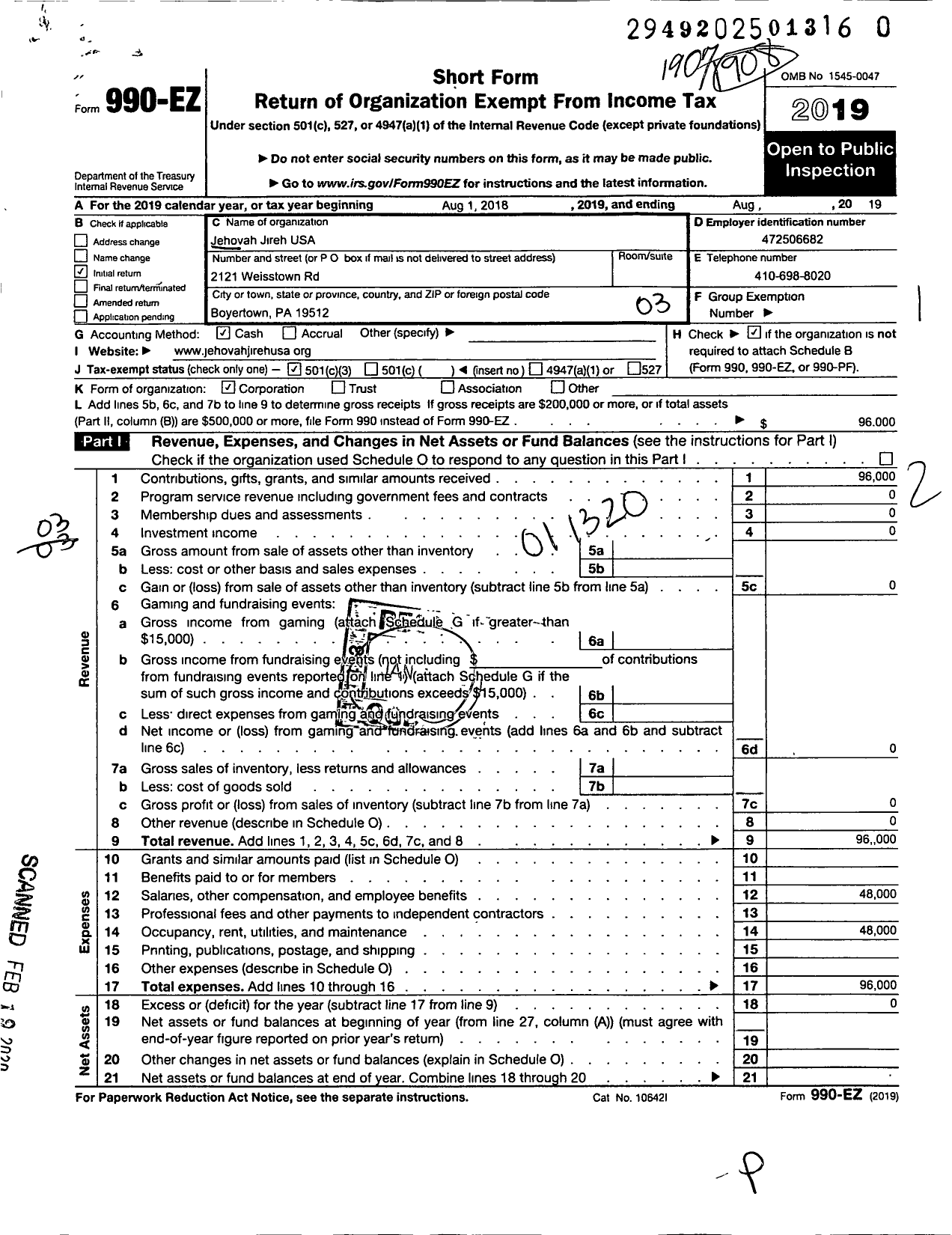 Image of first page of 2018 Form 990EZ for Jehoyah Jireh USA