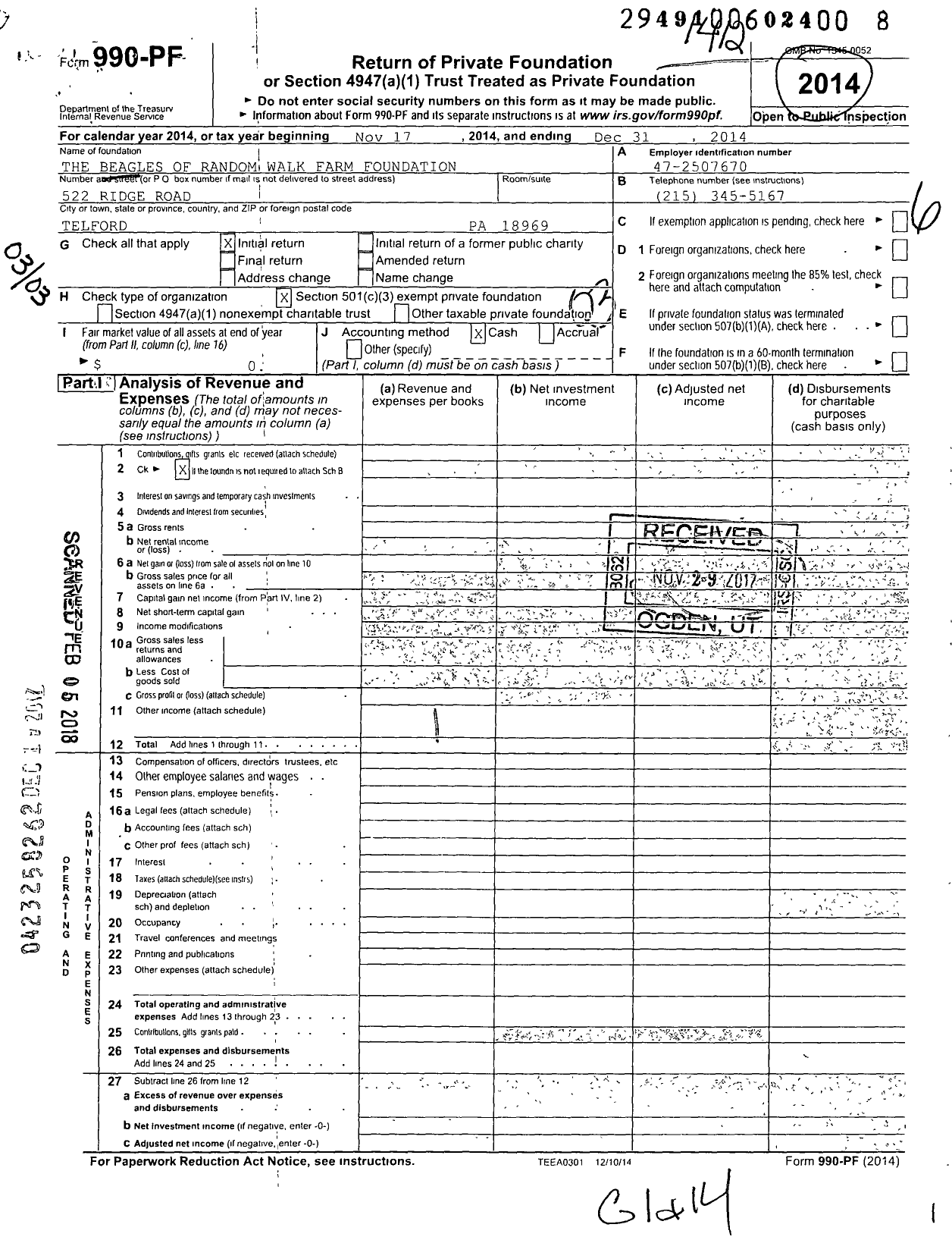 Image of first page of 2014 Form 990PF for The Beagles of Random Walk Farm Foundation