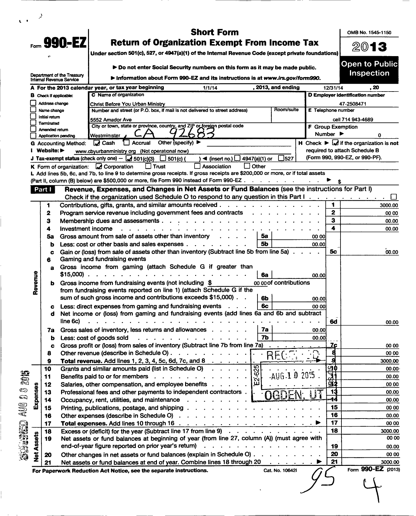 Image of first page of 2014 Form 990EZ for Christ Before You Urban Ministry