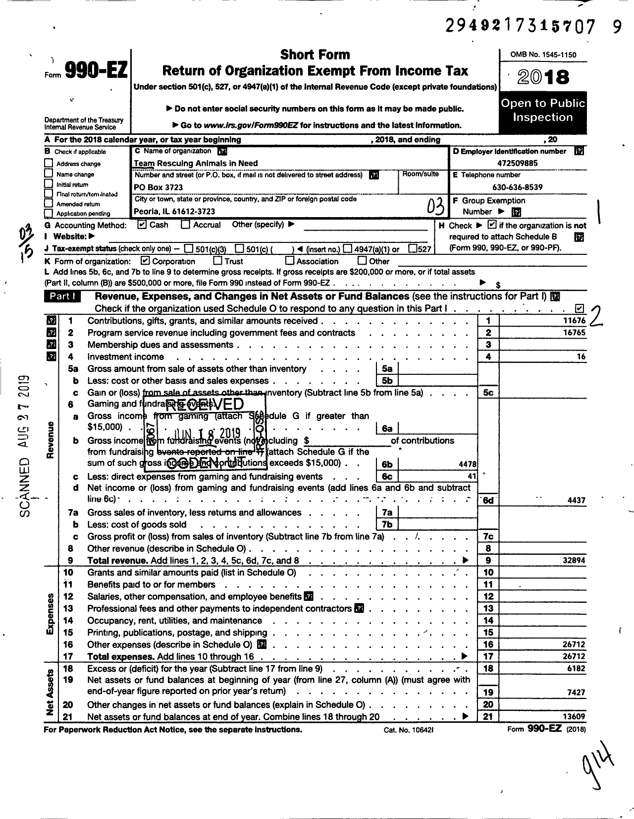 Image of first page of 2018 Form 990EZ for Team Rescuing Animals in Need