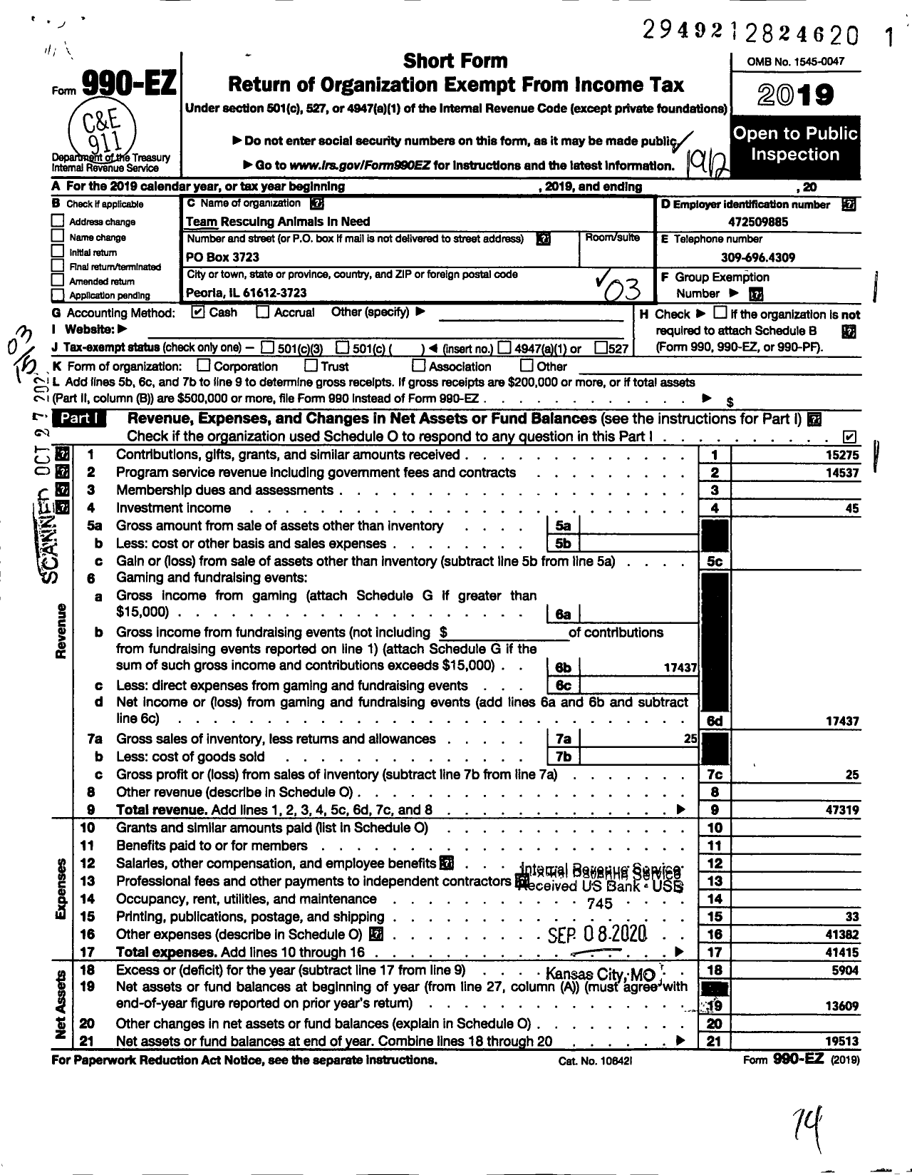 Image of first page of 2019 Form 990EZ for Team Rescuing Animals in Need