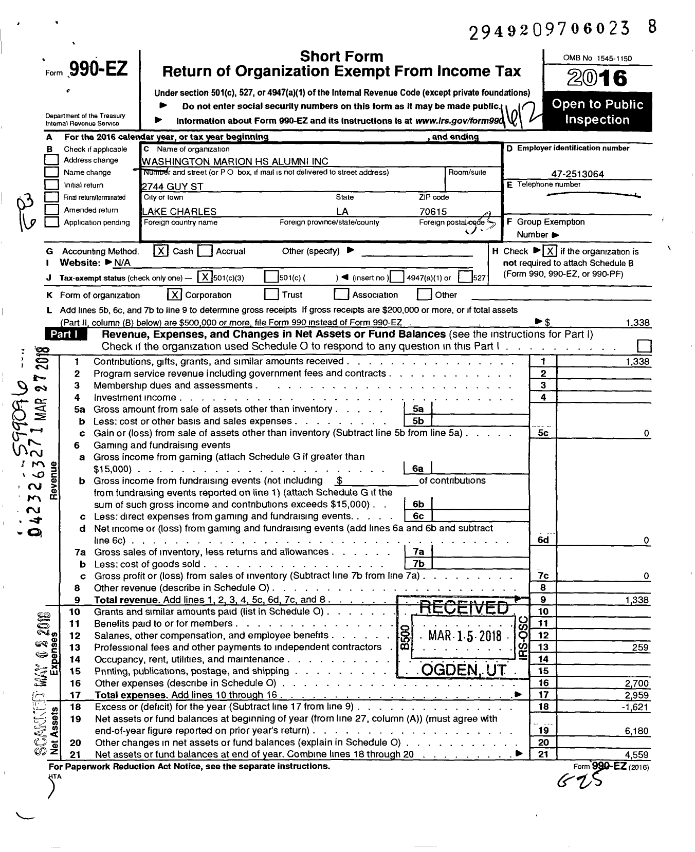 Image of first page of 2016 Form 990EZ for Washington Marion HS Alumni