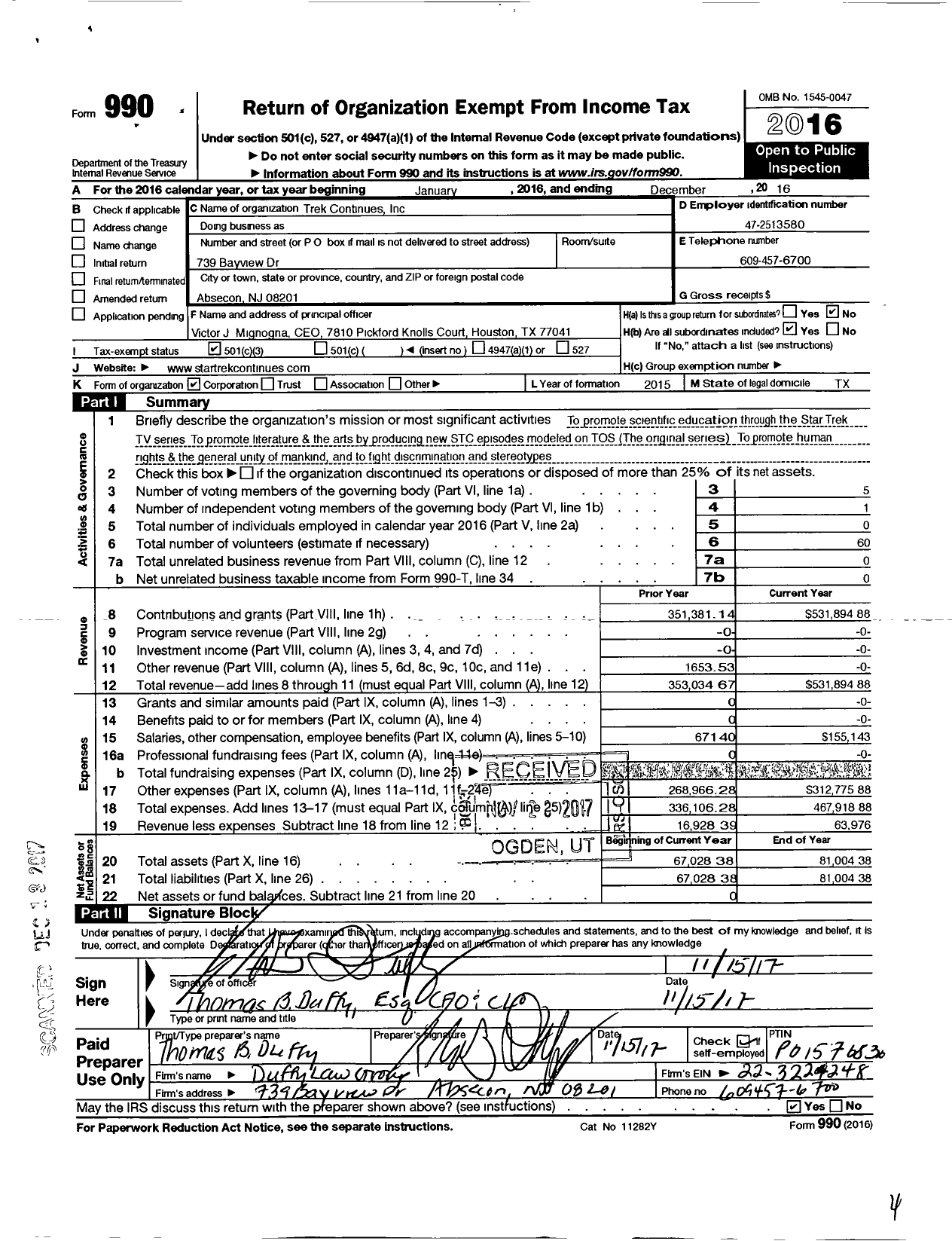 Image of first page of 2016 Form 990 for Trek Continues