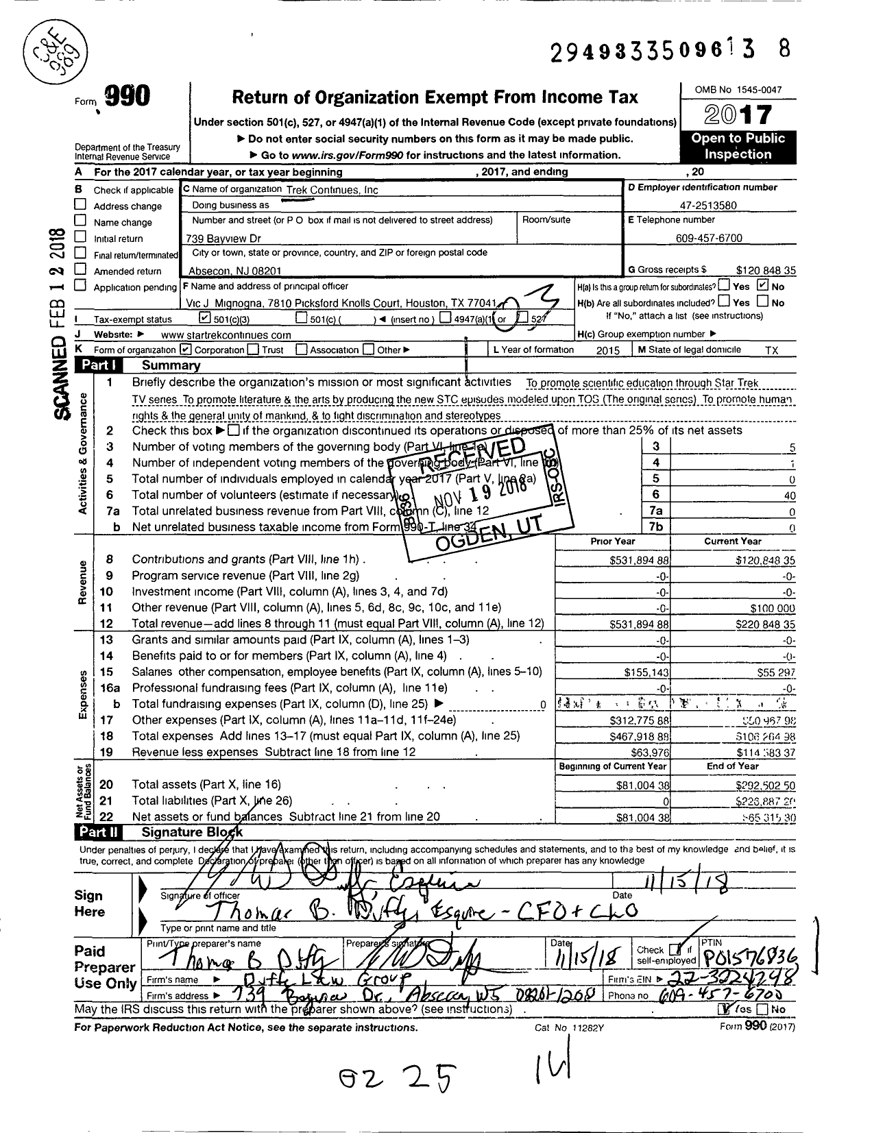 Image of first page of 2017 Form 990 for Trek Continues