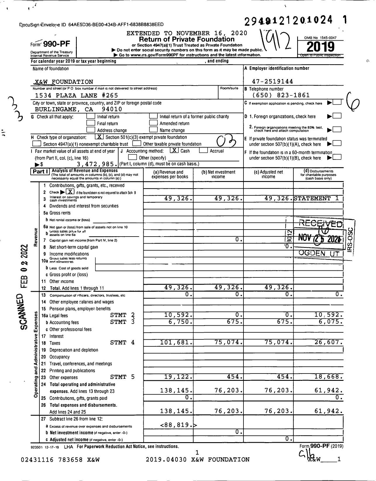 Image of first page of 2019 Form 990PF for X&W Foundation