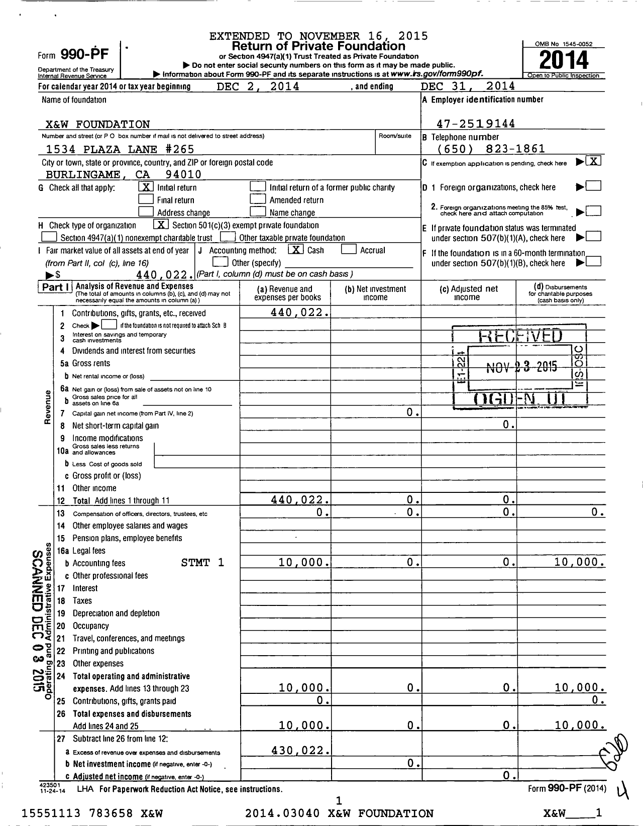 Image of first page of 2014 Form 990PF for X&W Foundation