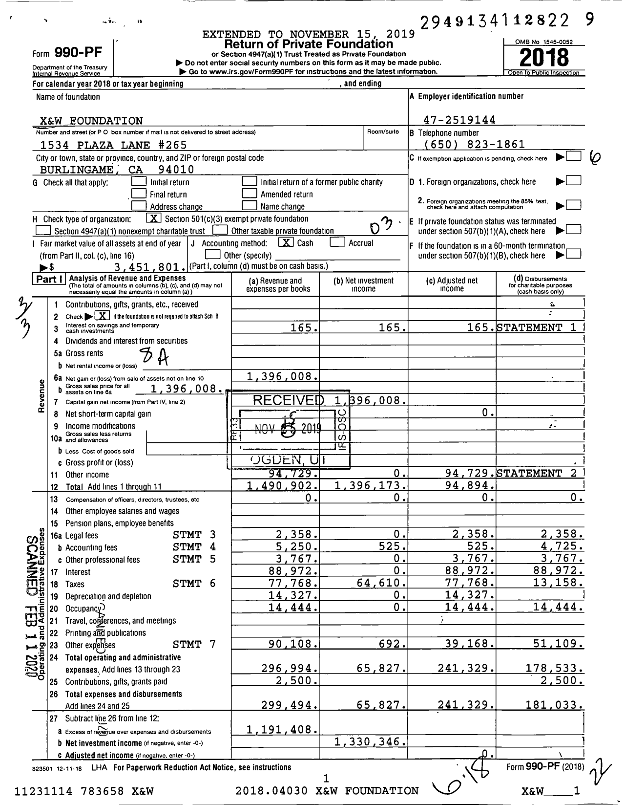 Image of first page of 2018 Form 990PF for X&W Foundation