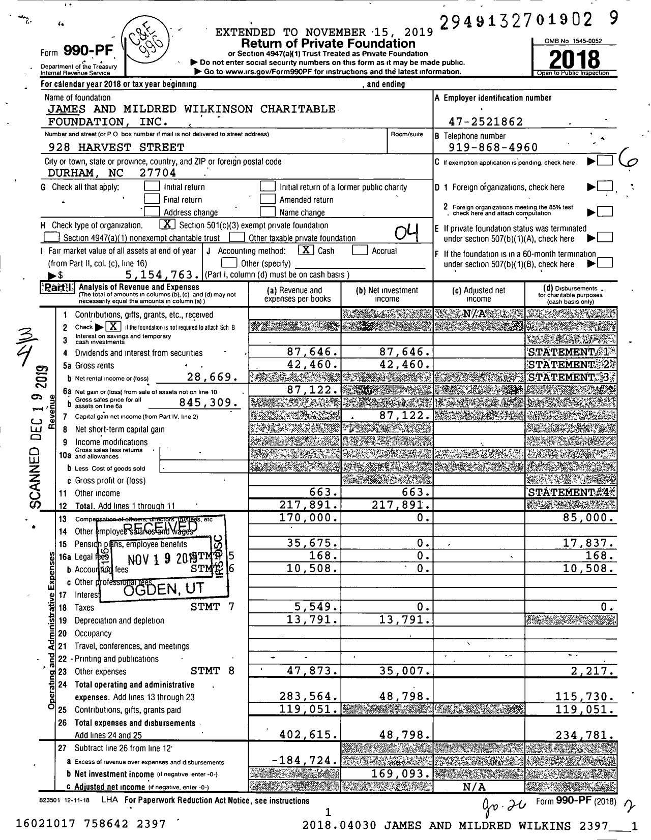 Image of first page of 2018 Form 990PF for James and Mildred Wilkinson Charitable Foundation