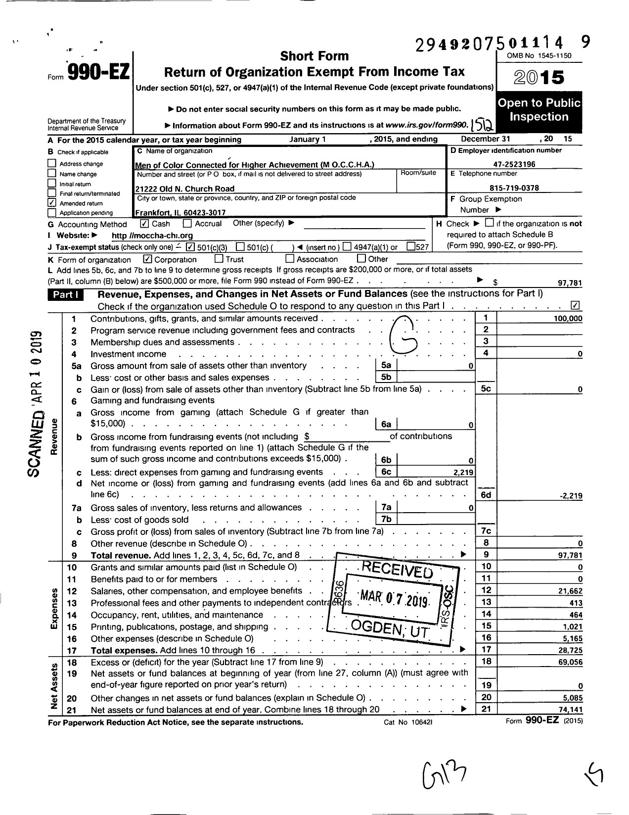 Image of first page of 2015 Form 990EZ for Men of Color Connected for Higher Achievment