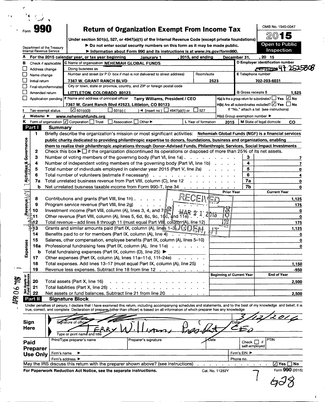 Image of first page of 2015 Form 990 for Globaltrust Funds