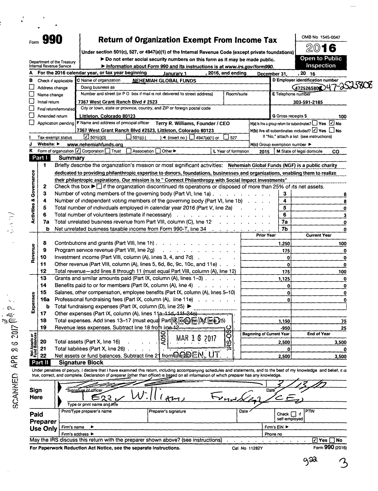 Image of first page of 2016 Form 990 for Globaltrust Funds