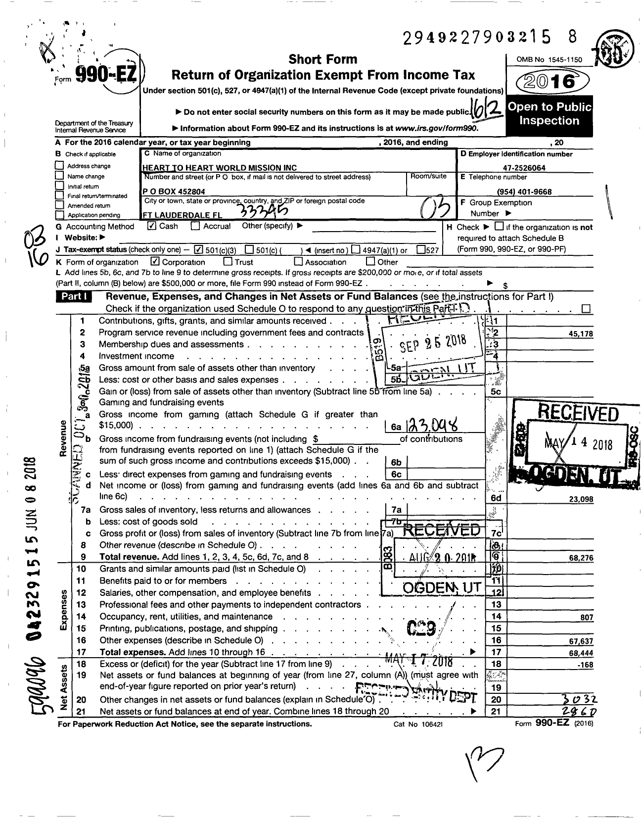 Image of first page of 2016 Form 990EZ for Heart To Heart World Mission