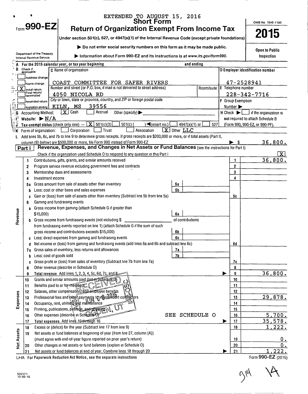 Image of first page of 2015 Form 990EZ for Coast Committee for Safer Rivers