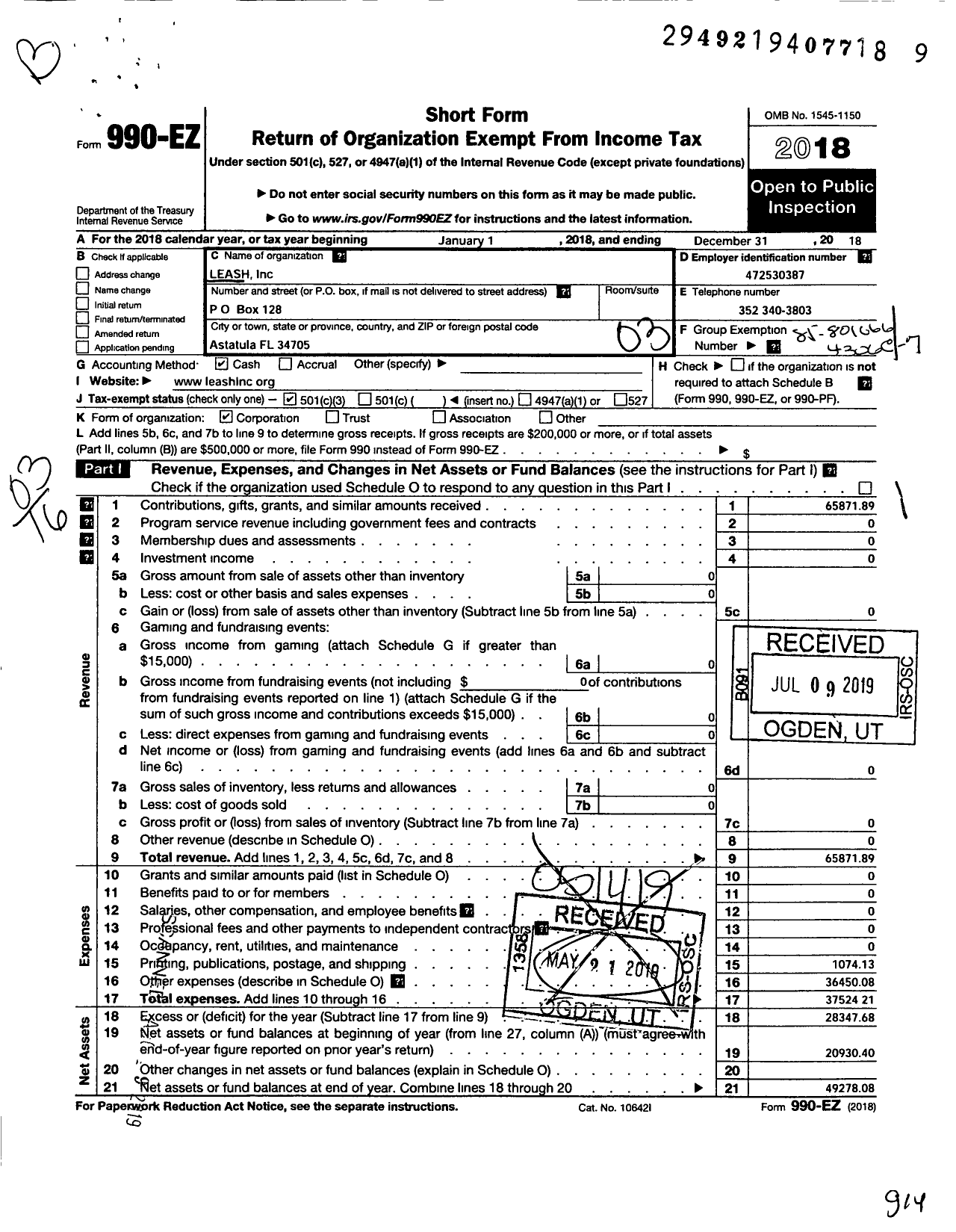 Image of first page of 2018 Form 990EZ for Leash