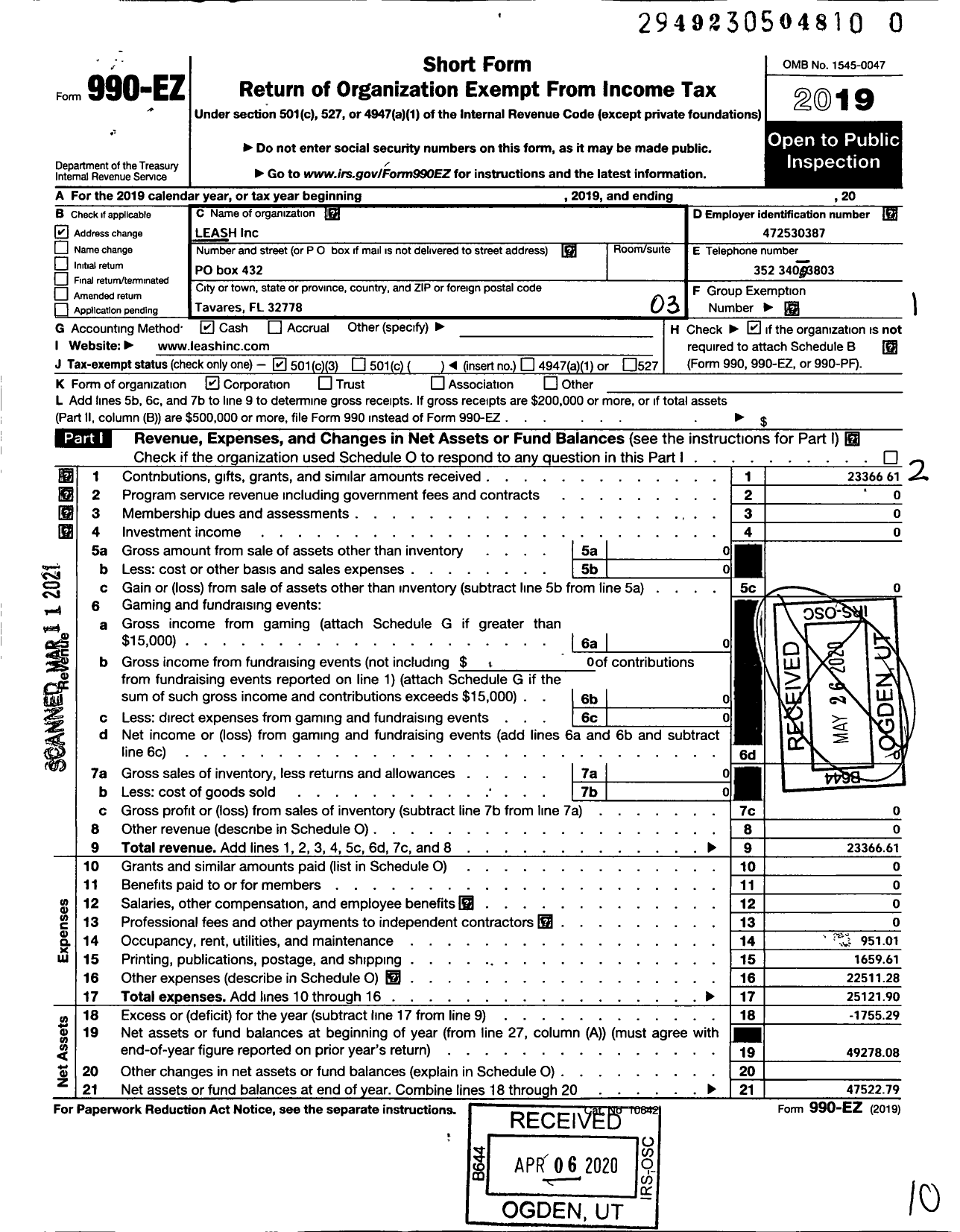 Image of first page of 2019 Form 990EZ for Leash