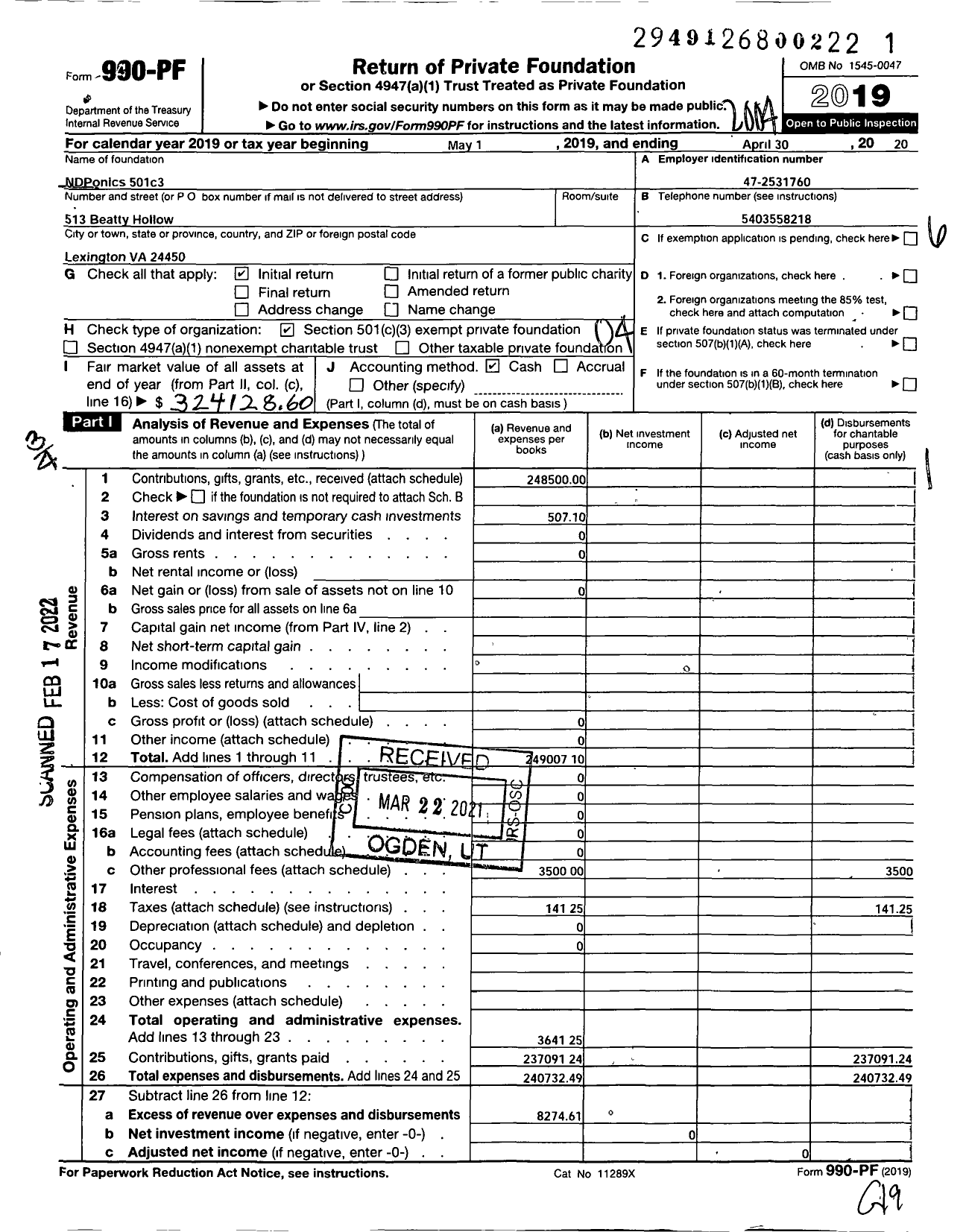 Image of first page of 2019 Form 990PF for NDPonics