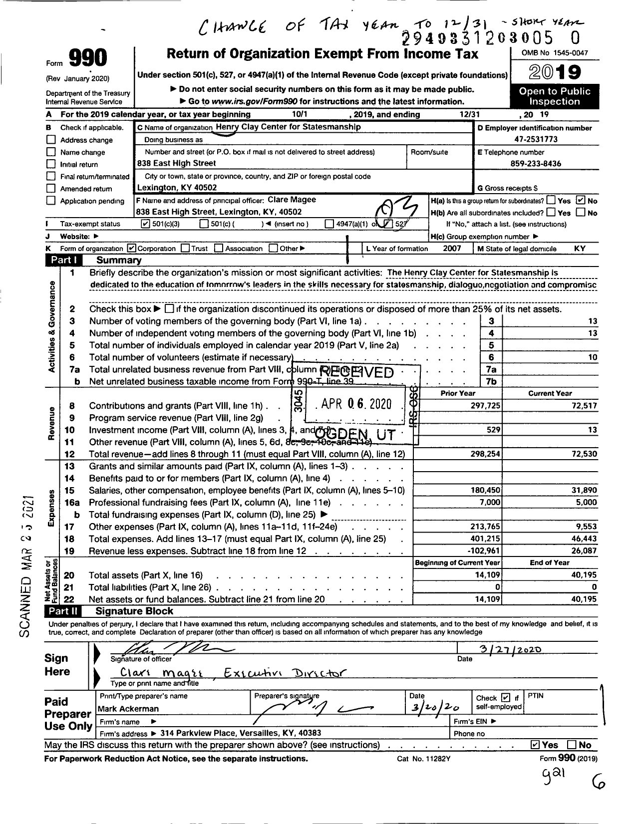 Image of first page of 2019 Form 990 for Henry Clay Center for Statesmanship