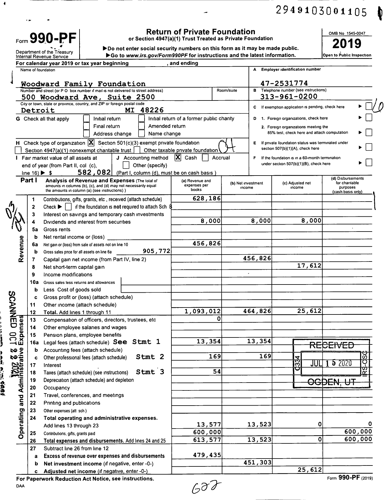 Image of first page of 2019 Form 990PF for Woodward Family Foundation