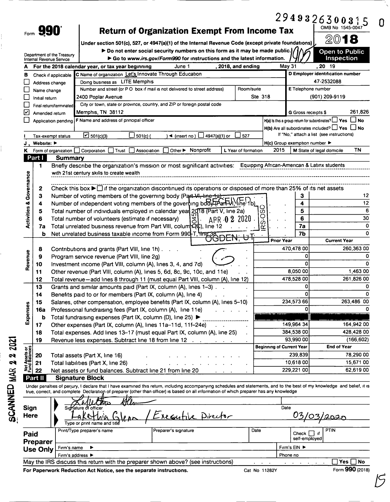 Image of first page of 2018 Form 990 for Lets Innovate Through Education (LIT)