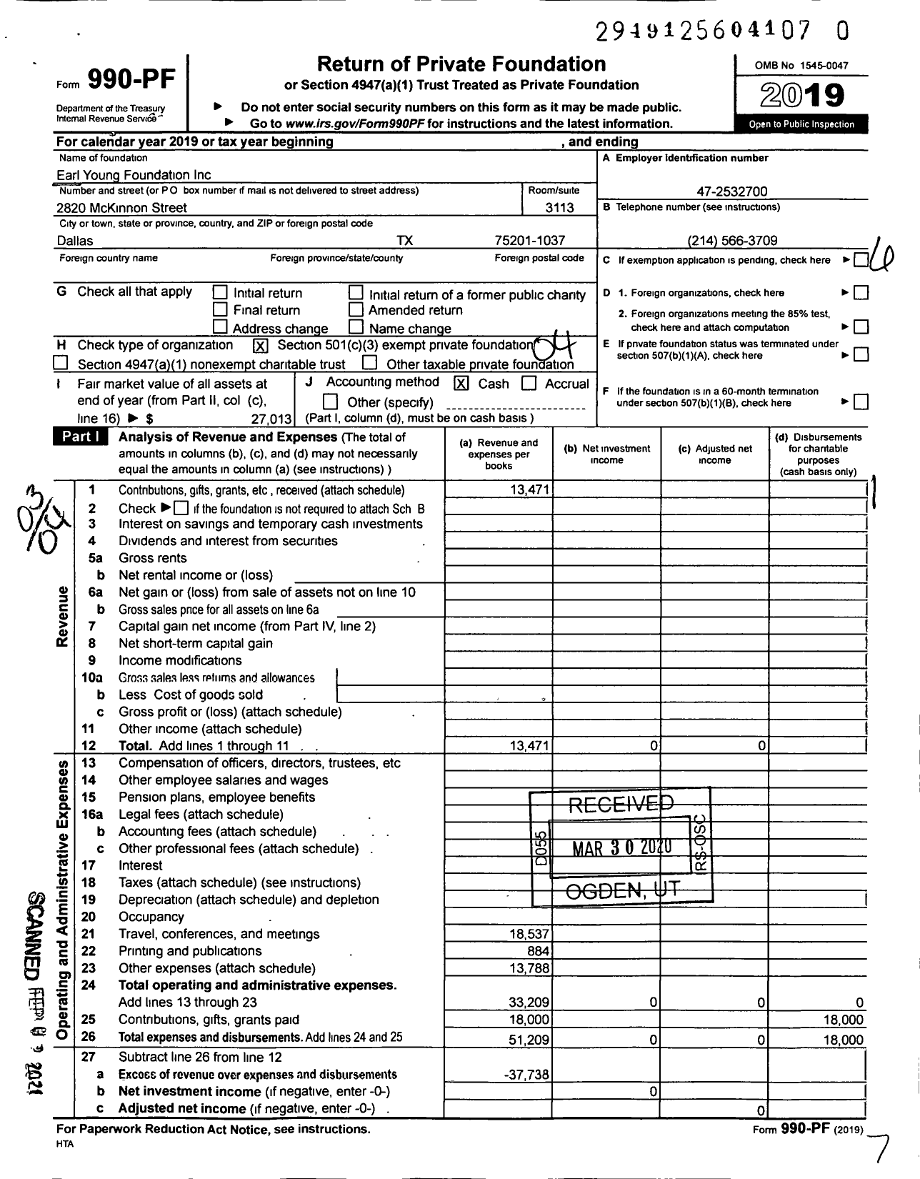 Image of first page of 2019 Form 990PF for Earl Young Foundation