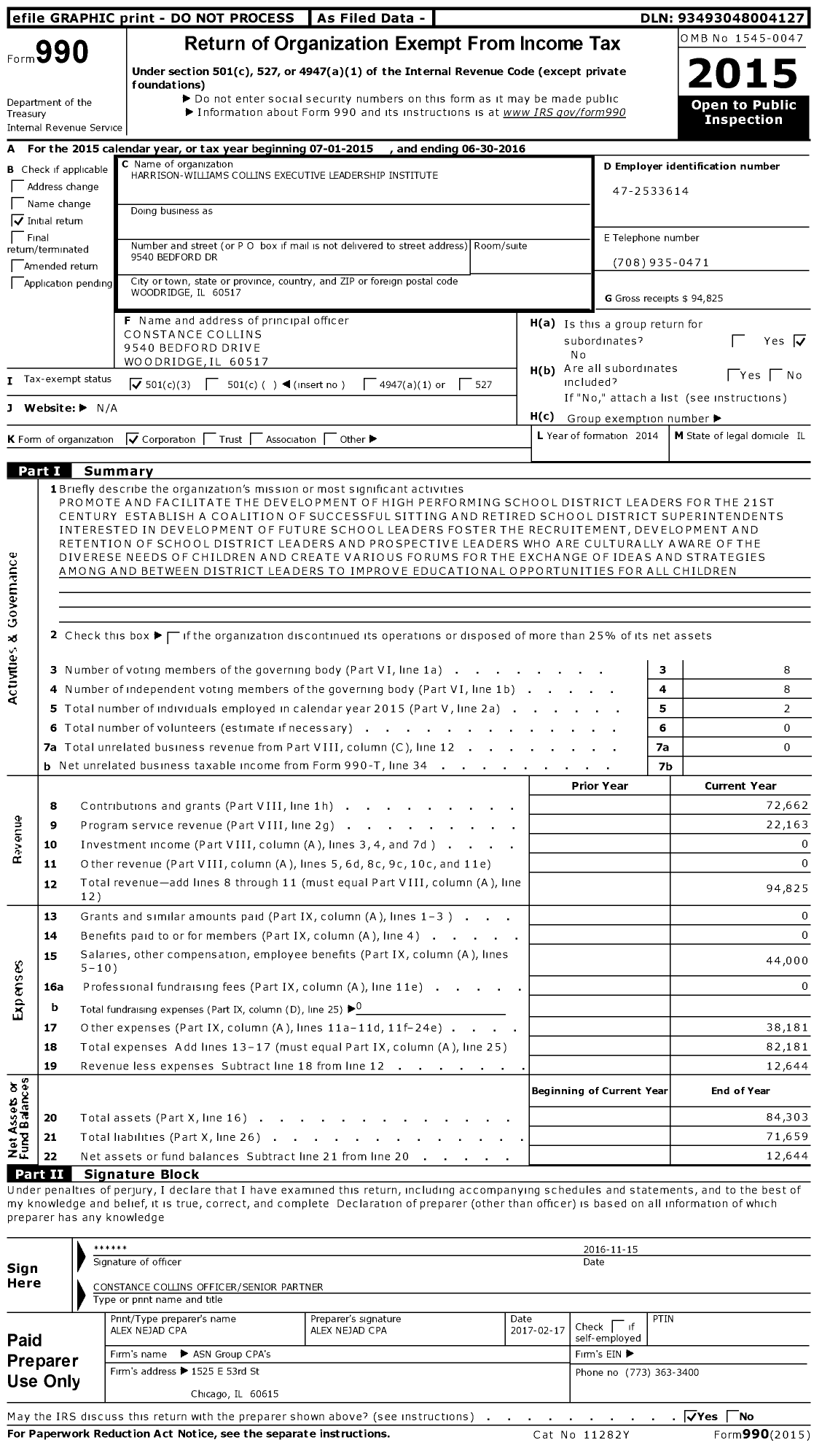 Image of first page of 2015 Form 990 for Harrison-Williams-Collins Executive Leadership Institute