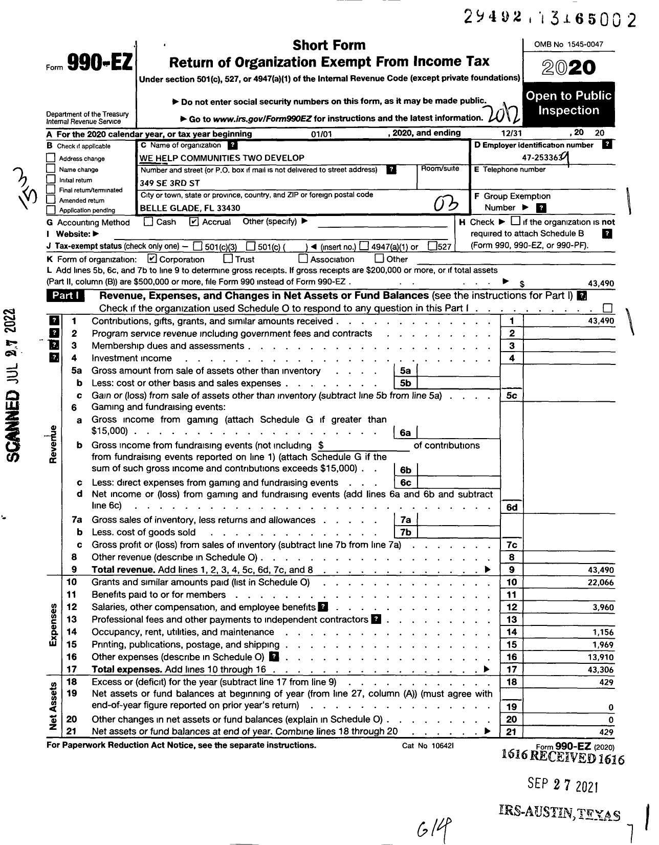 Image of first page of 2020 Form 990EZ for We Help Communities 2 Develop Coproration