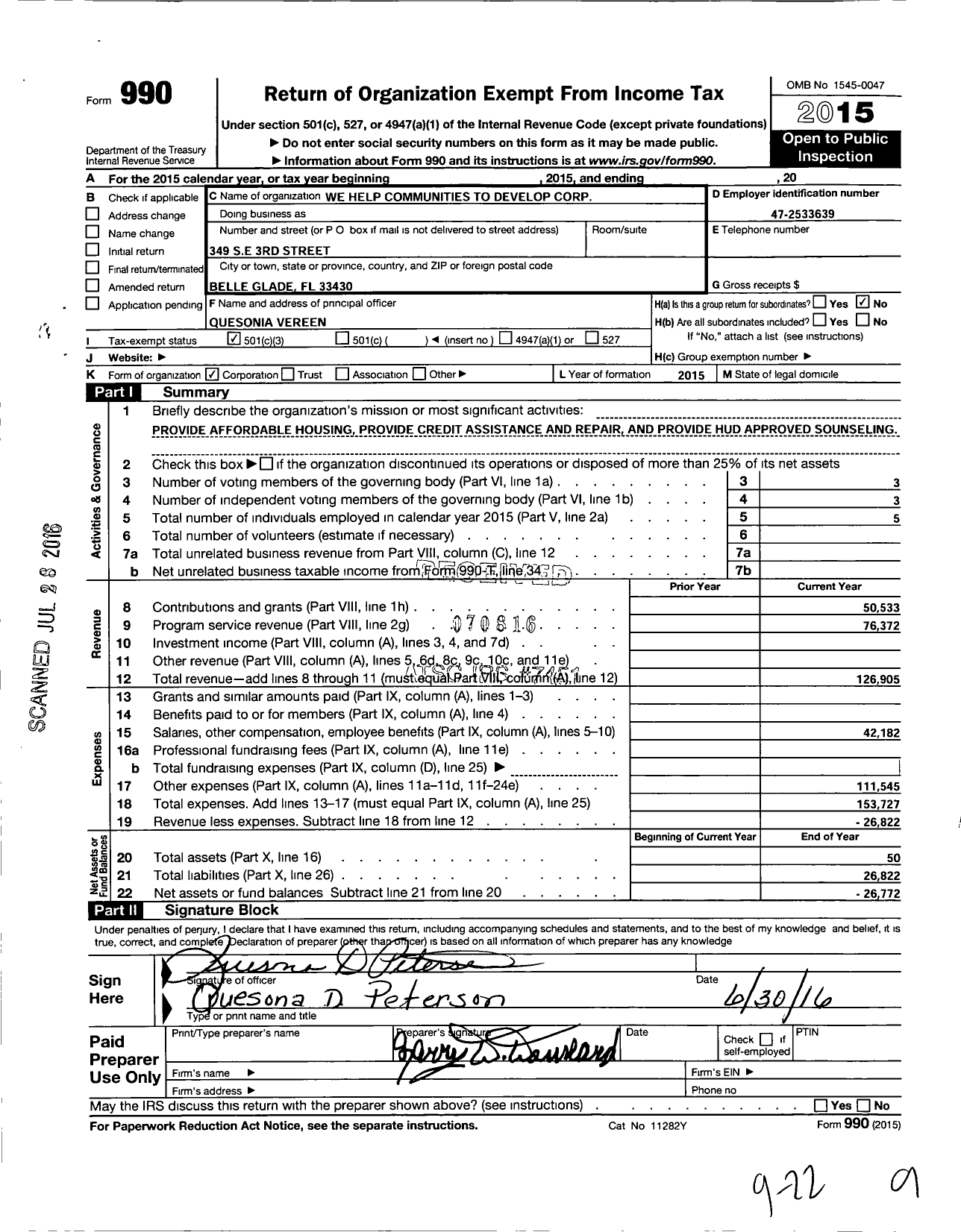 Image of first page of 2015 Form 990 for We Help Communities 2 Develop Coproration