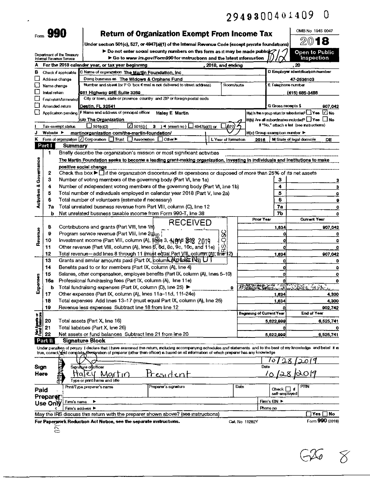 Image of first page of 2018 Form 990 for Martin Foundation
