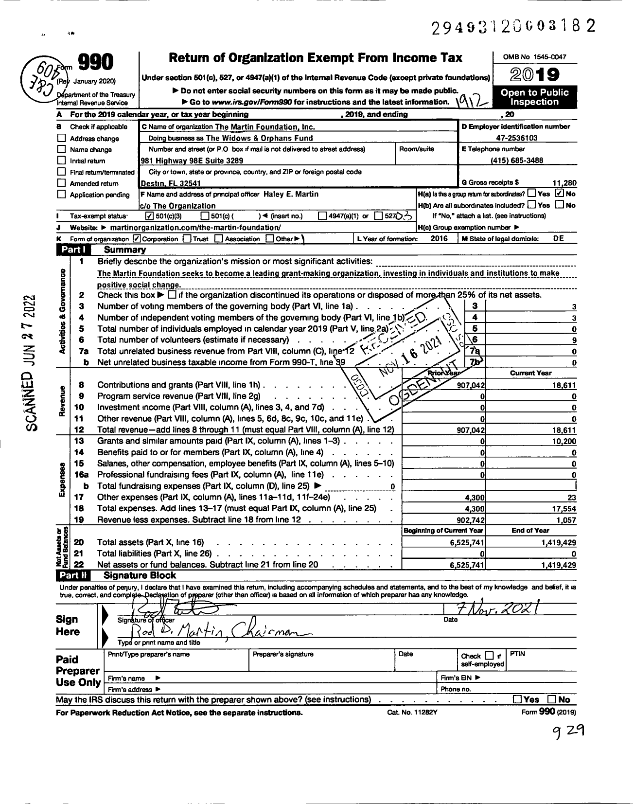 Image of first page of 2019 Form 990 for Martin Foundation
