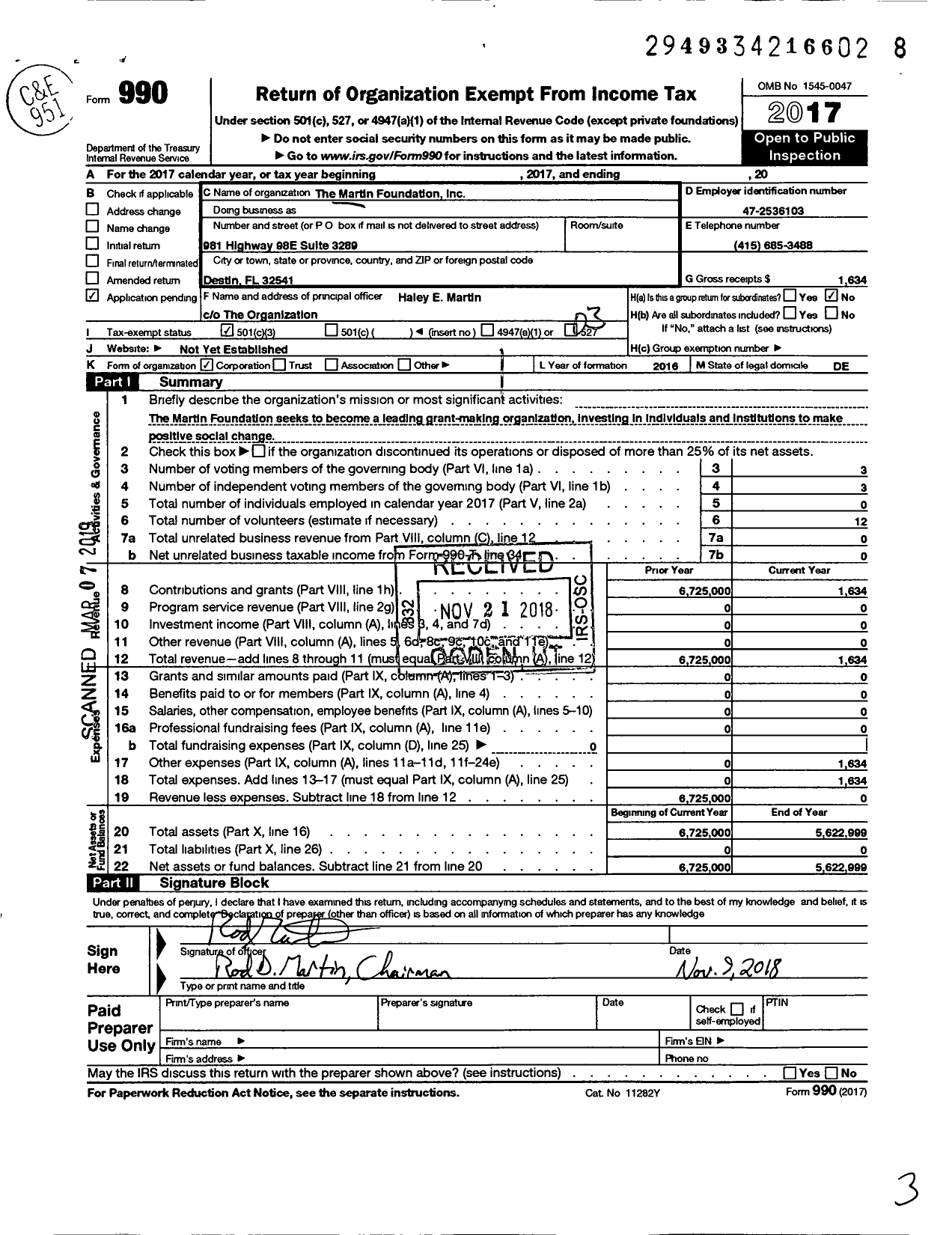 Image of first page of 2017 Form 990 for Martin Foundation