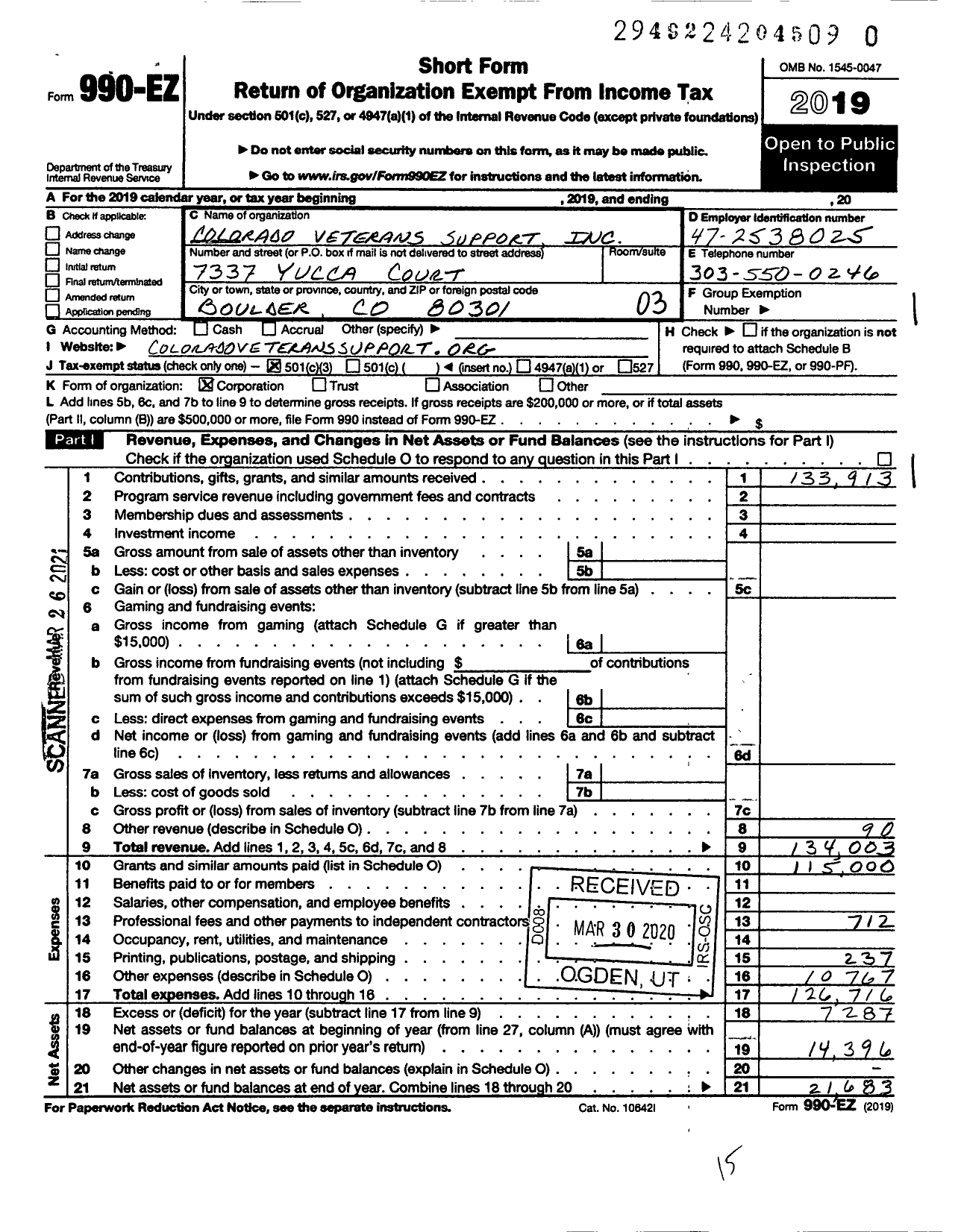 Image of first page of 2019 Form 990EZ for Colorado Veterans Support