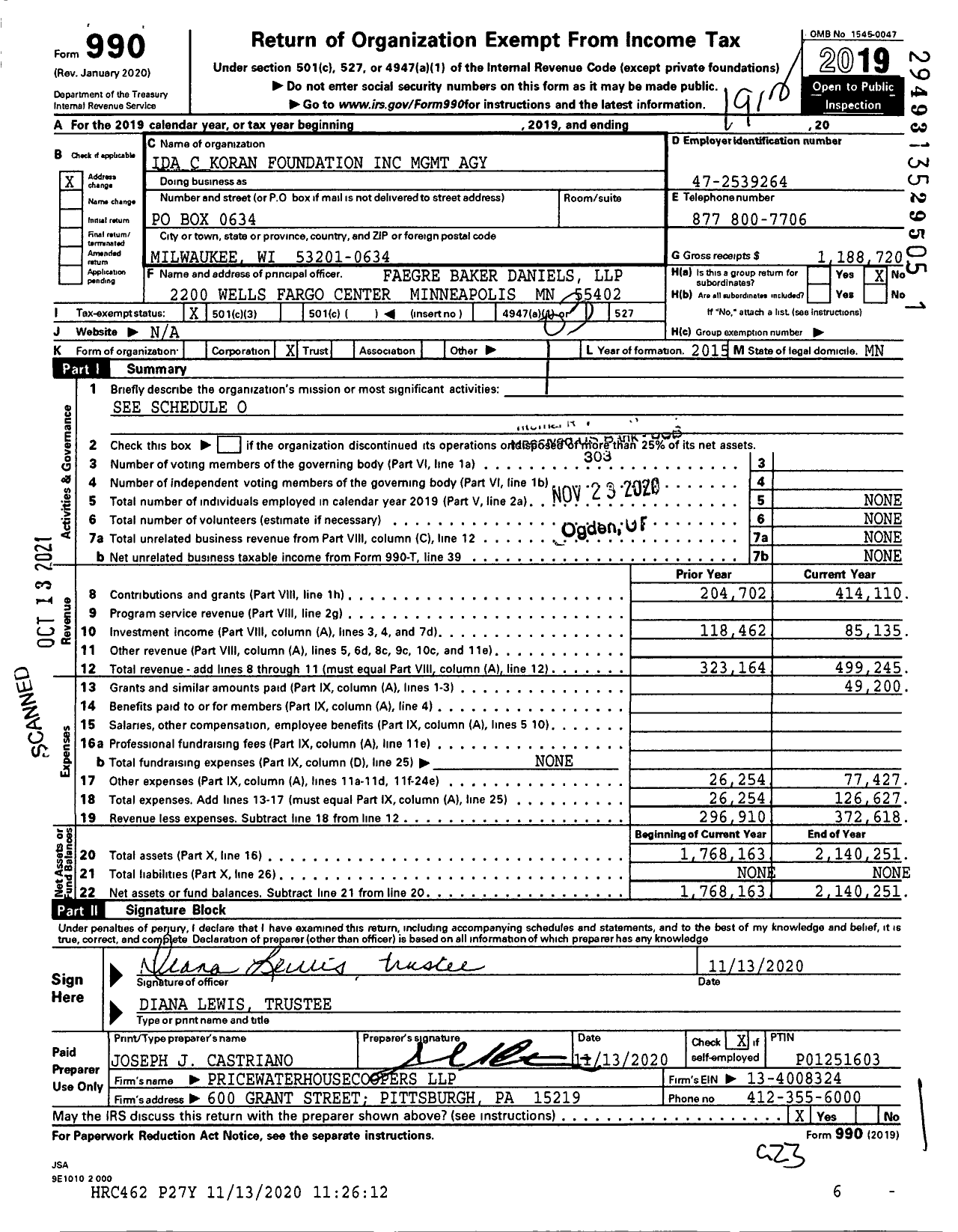 Image of first page of 2019 Form 990 for Ida C Koran Foundation