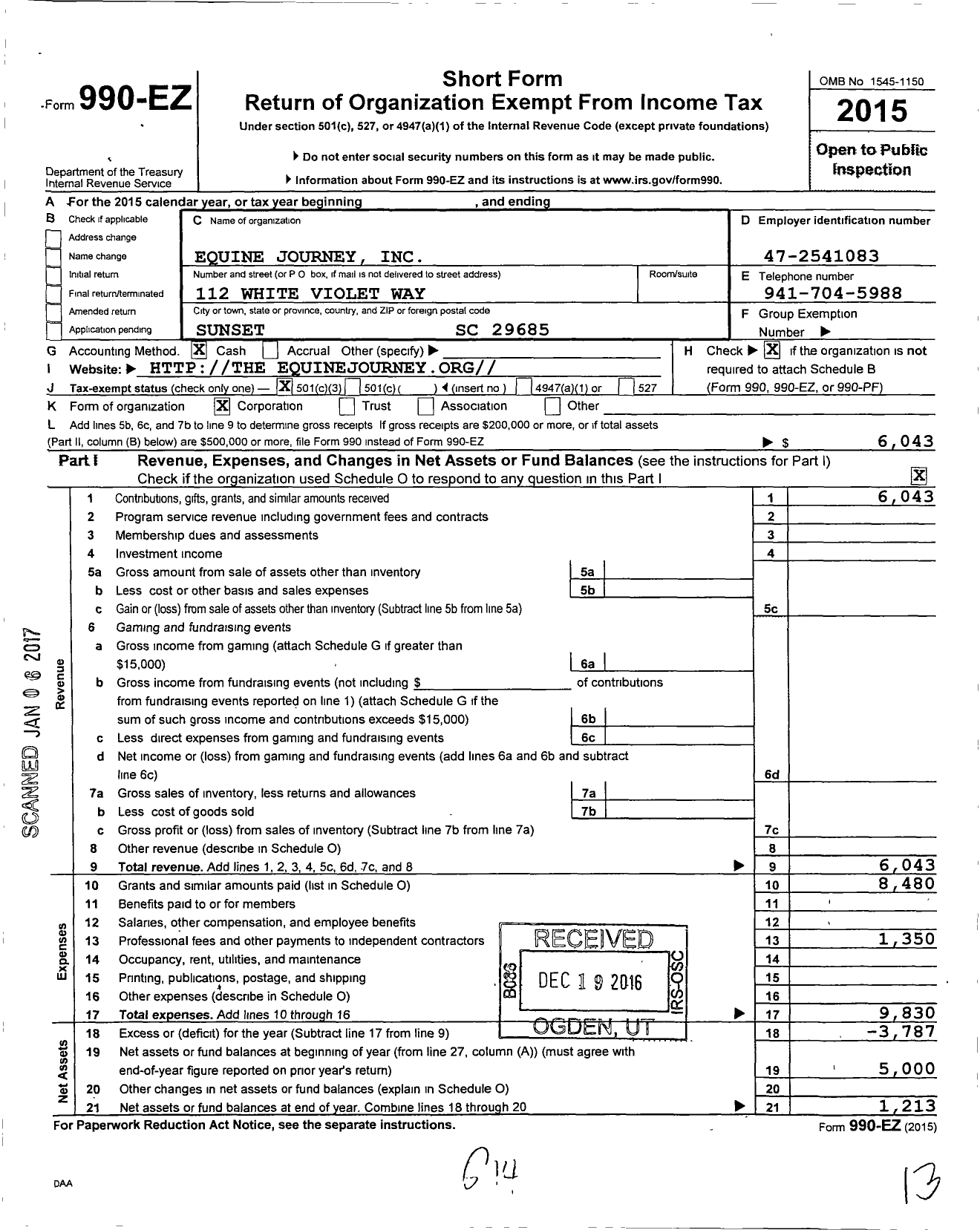 Image of first page of 2015 Form 990EZ for Equine Journey