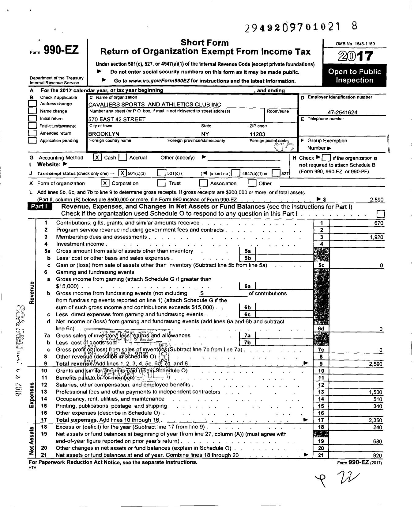 Image of first page of 2017 Form 990EZ for Cavaliers Sports and Athletics Club