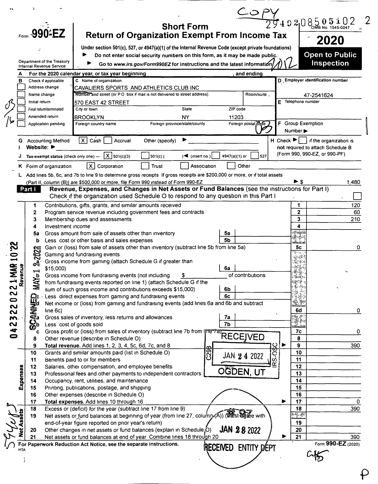 Image of first page of 2020 Form 990EZ for Cavaliers Sports and Athletics Club