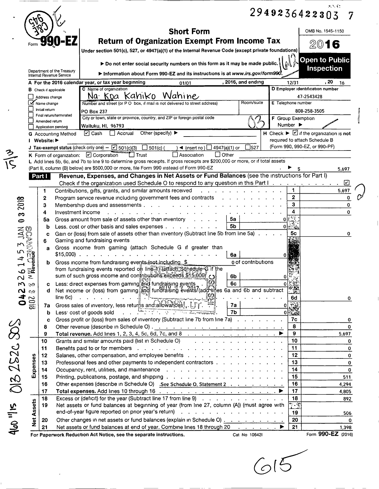 Image of first page of 2016 Form 990EZ for Na Koa Kahiko Wahine