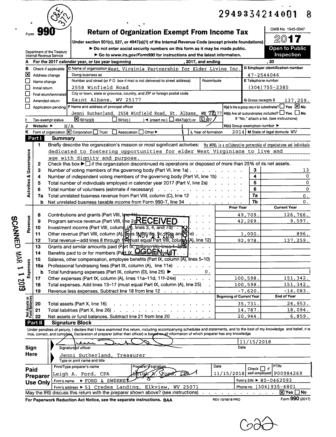 Image of first page of 2017 Form 990 for West Virginia Partnership for Elder Living