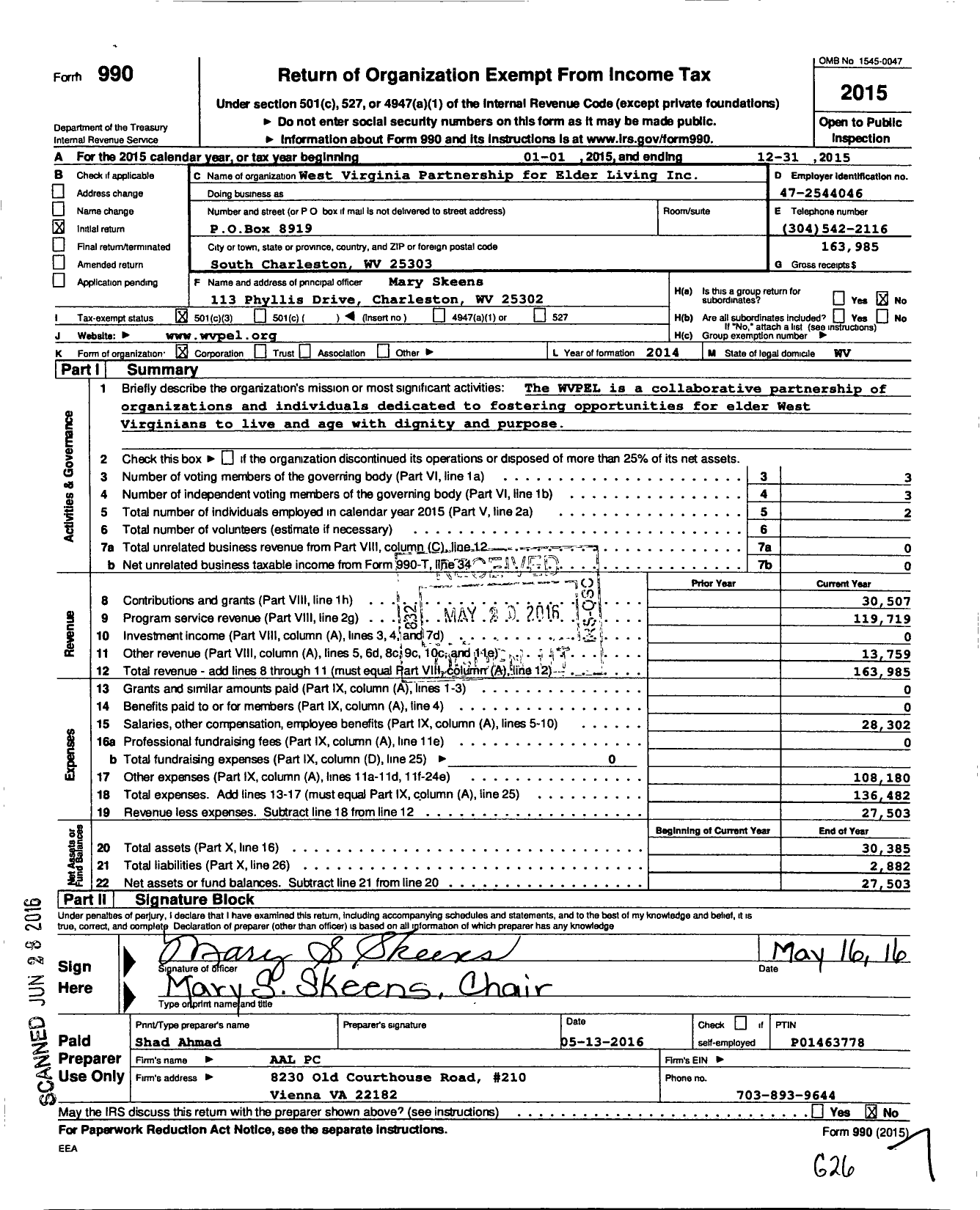 Image of first page of 2015 Form 990 for West Virginia Partnership for Elder Living