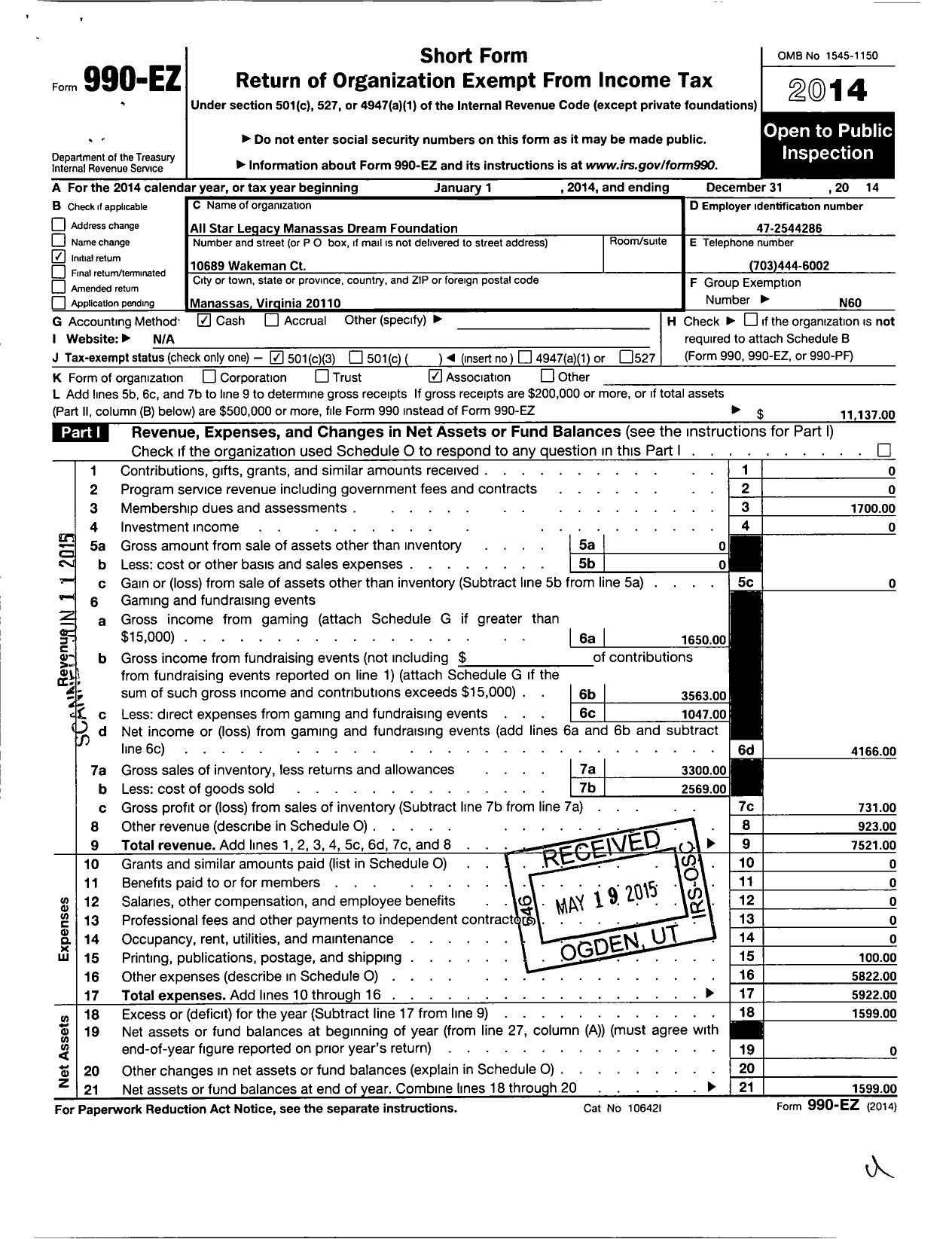 Image of first page of 2014 Form 990EZ for All Star Legacy Manassas Dream Foundation