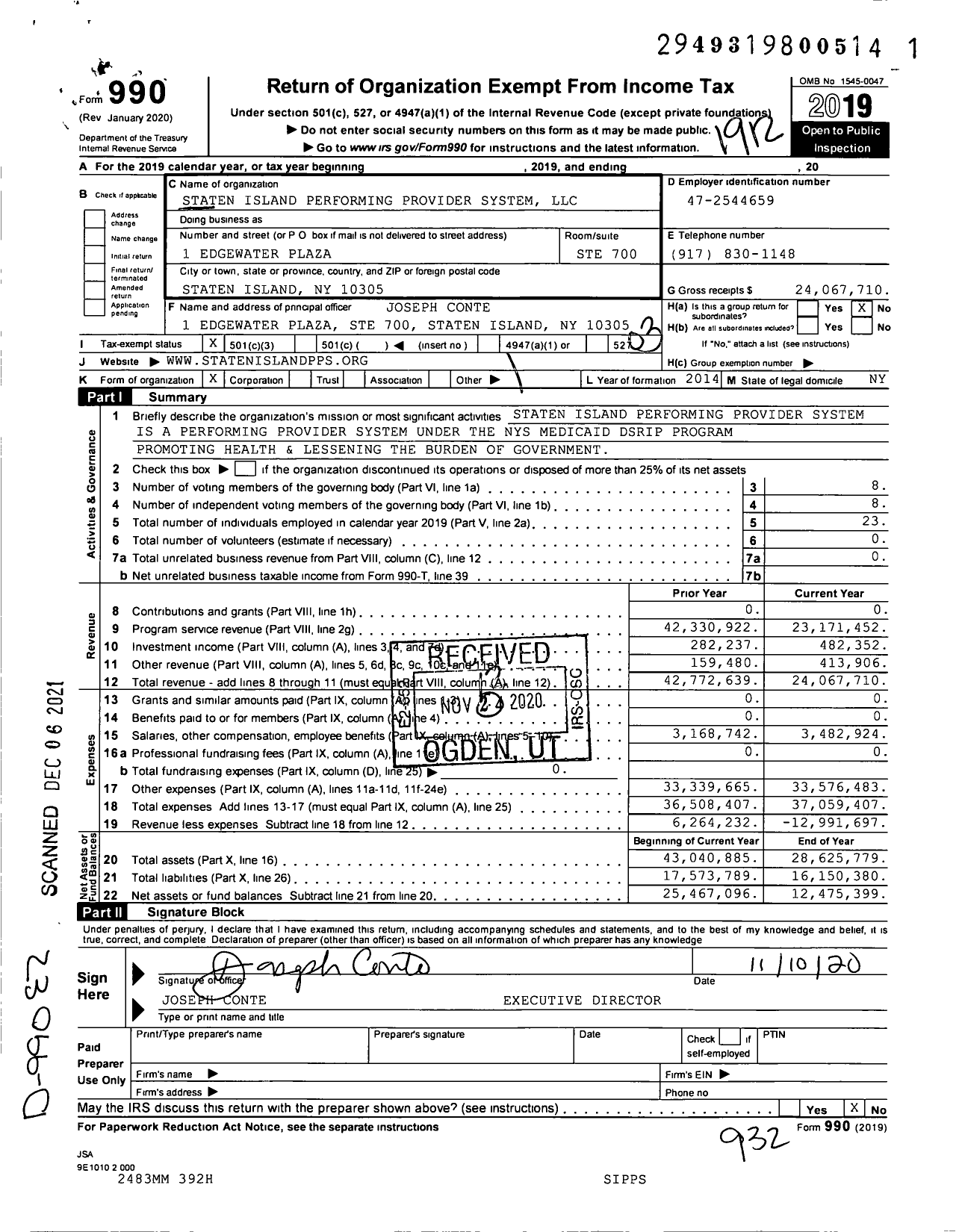 Image of first page of 2019 Form 990 for Staten Island Performing Provider System LLC