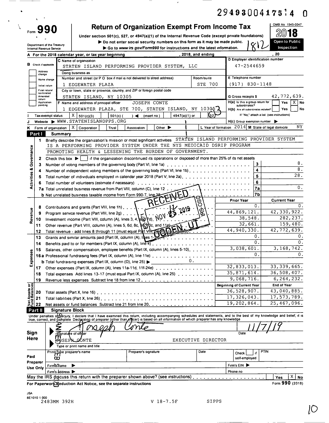 Image of first page of 2018 Form 990 for Staten Island Performing Provider System LLC