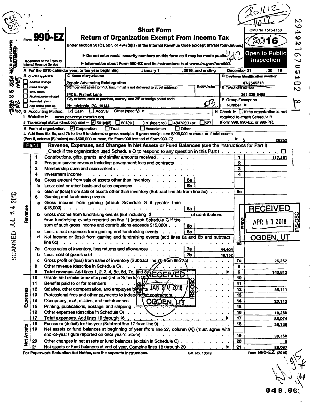 Image of first page of 2016 Form 990EZ for PAR-Recycle Works