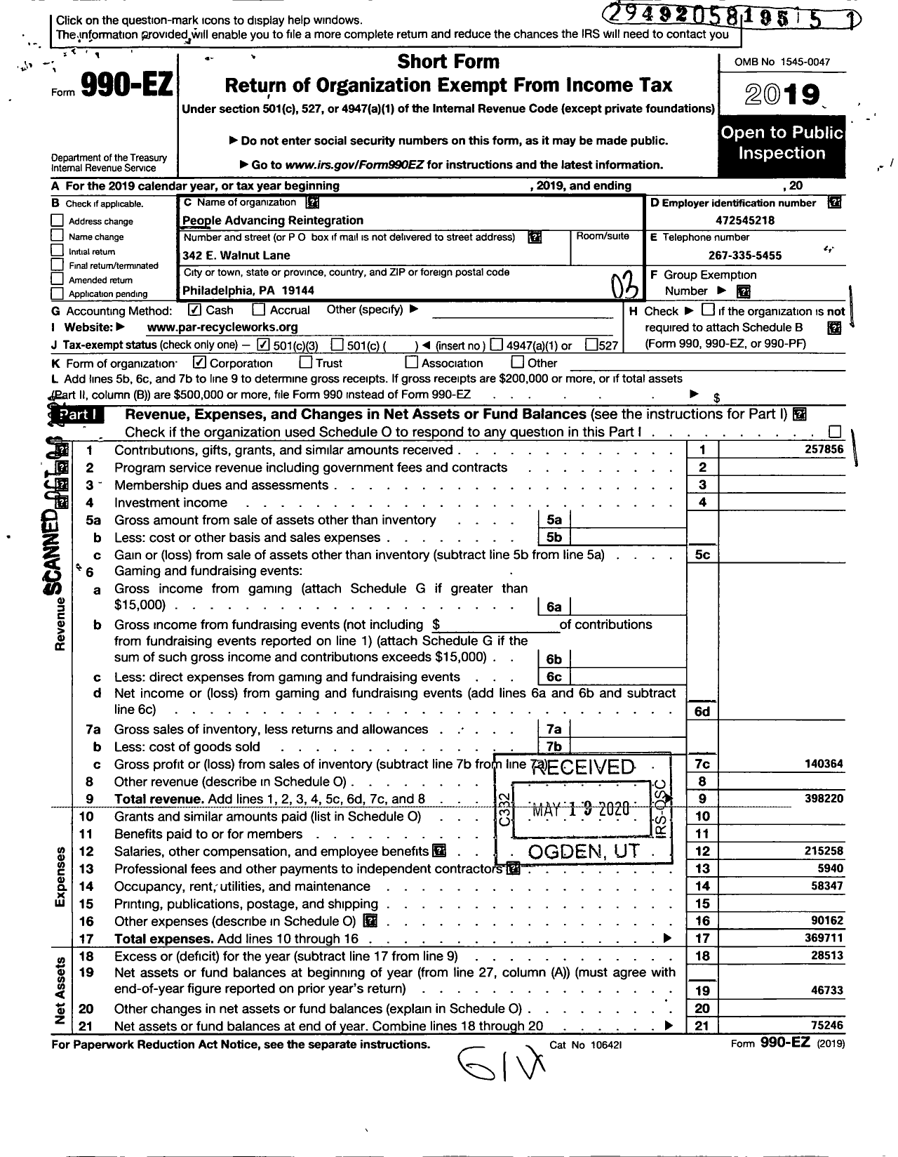 Image of first page of 2019 Form 990EZ for PAR-Recycle Works