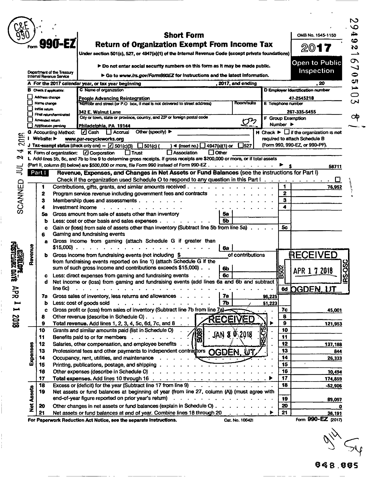 Image of first page of 2017 Form 990EZ for PAR-Recycle Works
