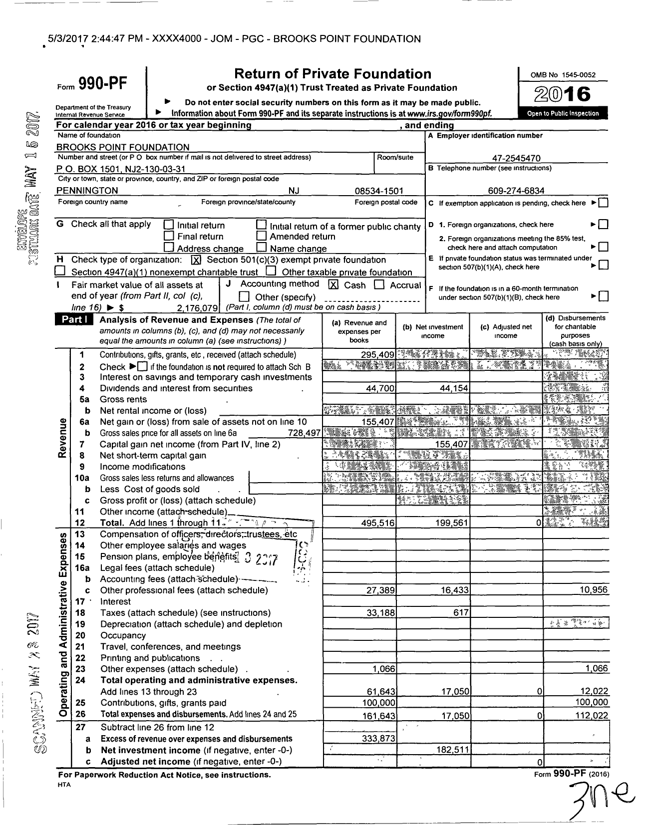 Image of first page of 2016 Form 990PF for Brooks Point Foundation