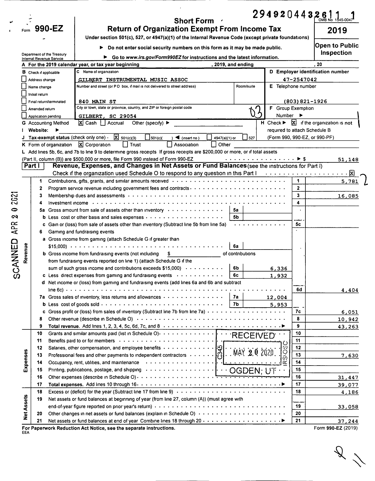 Image of first page of 2019 Form 990EZ for Gilbert Instrumental Music Association