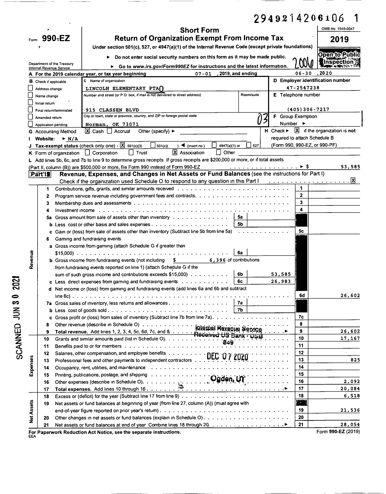 Image of first page of 2019 Form 990EZ for PTA Oklahoma Congress / Lincoln