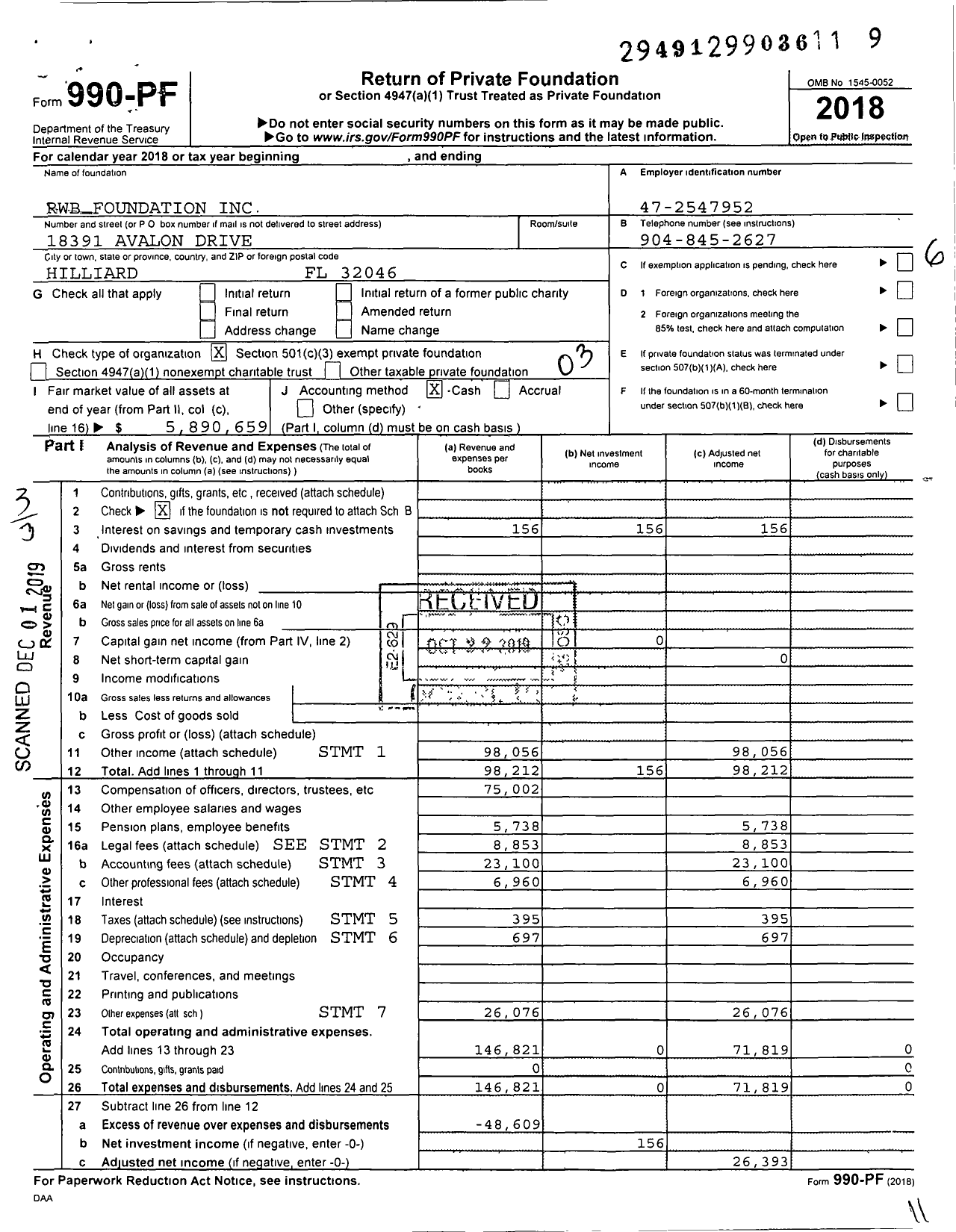 Image of first page of 2018 Form 990PF for RWB Foundation