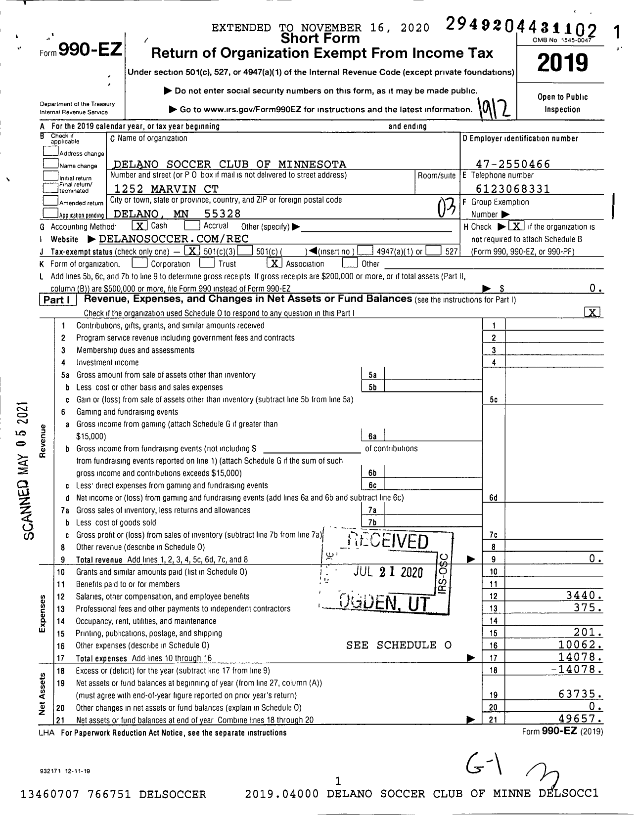 Image of first page of 2019 Form 990EZ for Delano Soccer Club of Minnesota